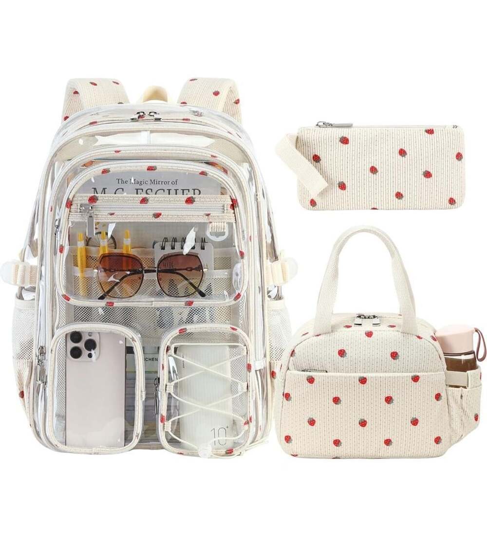 Hidds Clear Backpack Set with Lunch Bag and Pencil Case Beige Strawberry Large
